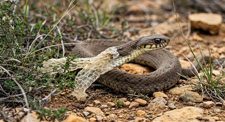 Fototapeta premium Ladder Snake (Zamenis Scalaris) Shedding Its Skin Amongst the Rocky Garrigue Vegetation.