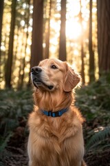Golden retriever dog sitting in a forest at sunset, looking up.
