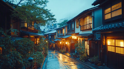 Fototapeta premium A beautiful japanese tokyo city town in the evening. houses at the street. anime comics artstyle. cozy lofi asian architecture. 16:9 4k resolution 