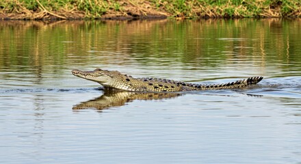Obraz premium A Nile Crocodile (Crocodylus Niloticus) Powerfully Swimming Across a Wide,