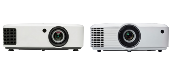 Two white short throw projectors isolated with transparent background