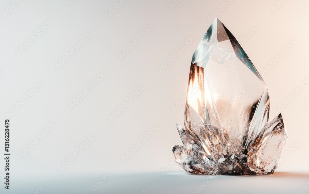 Poster close-up of a translucent crystal with sharp edges on a neutral background. soft lighting illuminate