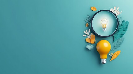 Illuminating Ideas: A 3D Render of a Lightbulb and Magnifying Glass on Teal AI Generated