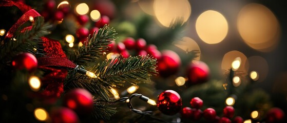 Close-up of Christmas tree with red ornaments, berries, and warm lights.