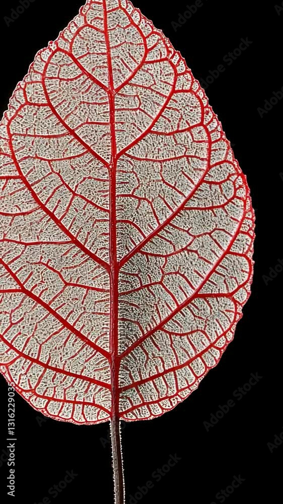Poster beautiful intricacies of a red and white leaf against a dark background showcasing its detailed text