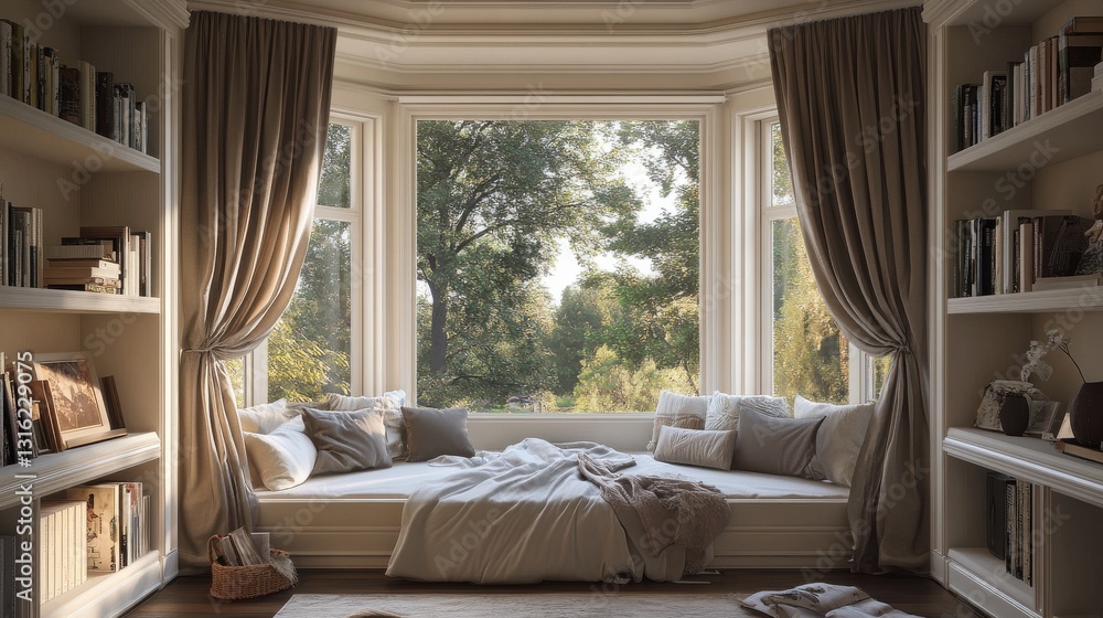 Aufkleber cozy bedroom with a bay window showcasing soft drapes and surrounding greenery in bright afternoon l