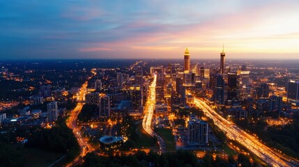 Captivating nighttime aerial view of atlanta georgia city with sparkling lights and urban glow from above