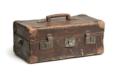Vintage brown leather suitcase with metal clasps and a worn appearance, isolated on a white background. Shows signs of age and travel