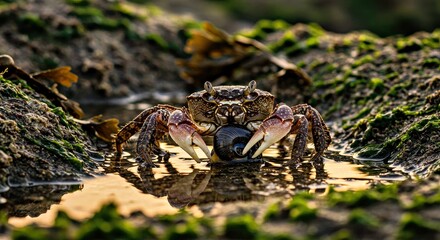 A Shore Crab (Carcinus Maenas) Actively Foraging Within a Rocky Tide Pool at Dusk