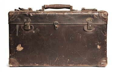 Vintage brown leather suitcase isolated on white background. Worn, weathered texture with metal clasps and handle. Shows age and travel history
