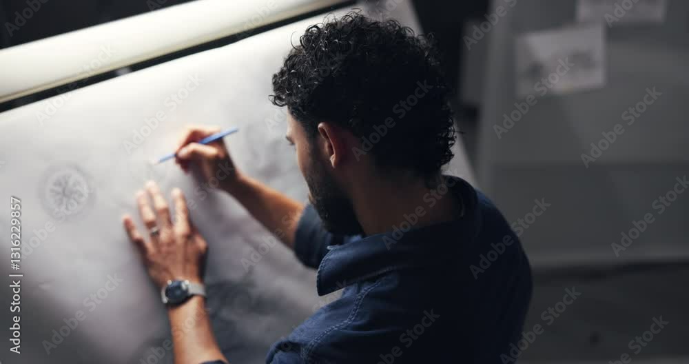 Poster man, drawing and design for car in workshop, inspiration and editing process for deadline at night. 