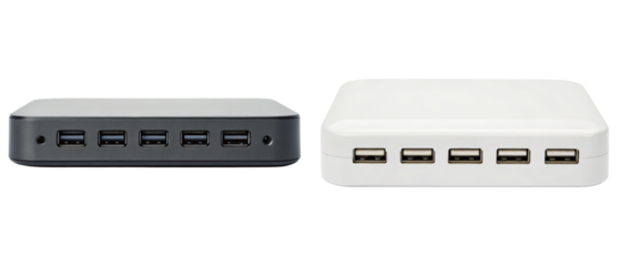 Black and white USB charging hubs isolated with transparent background