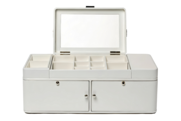 White jewelry box with mirror and drawers isolated with transparent background