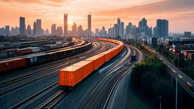 Urban sunset view of freight trains winding through cityscape with modern skyline and vibrant colors