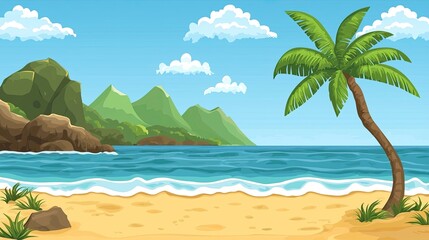 Tropical Beach Scene with Palm Tree, Gentle Waves, and Framed Mountains Under Clear Blue Sky
