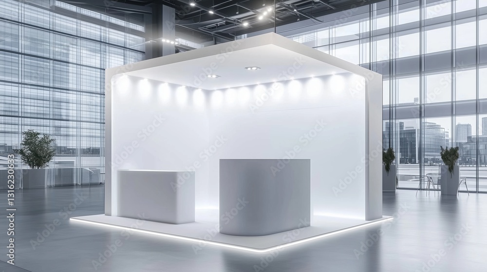 Poster minimalist white exhibition stand with led lighting in a modern building interior. clean and elegant