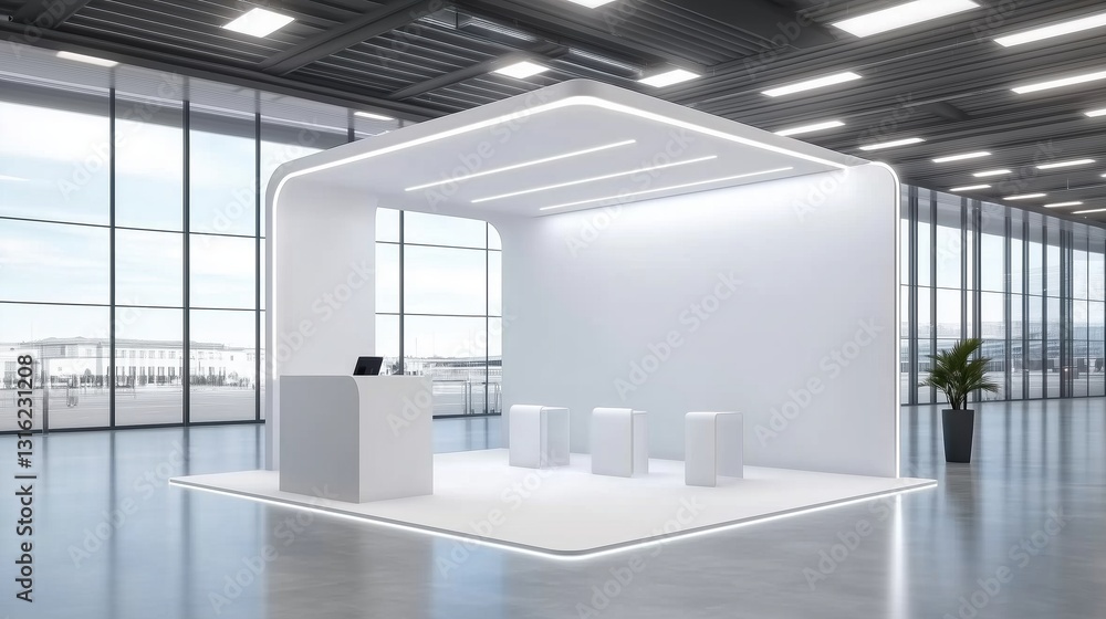 Poster minimalist white exhibition stand with led lighting in a modern building interior. clean and elegant
