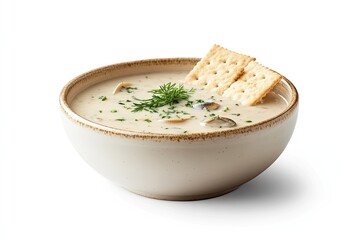 Side view of a bowl of clam chowder with crackers, isolated on white background, realistic photography, hyper-realistic --ar 3:2 --v 6.1 Job ID: 30887d3d-cd5f-40bd-8500-92cb67e38fde