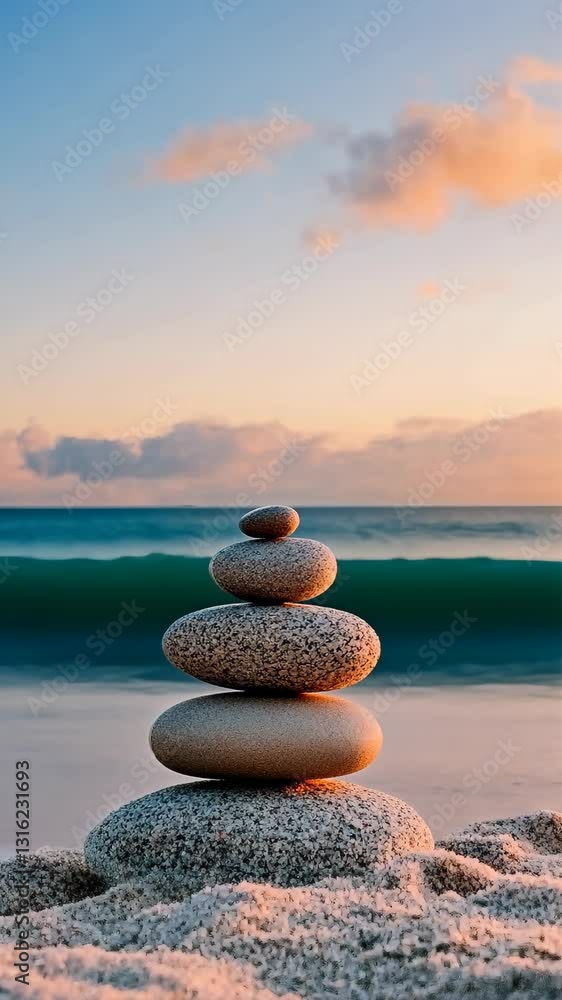 Poster Balanced stones create a tranquil focal point on a serene beach at sunset with gentle waves in the background