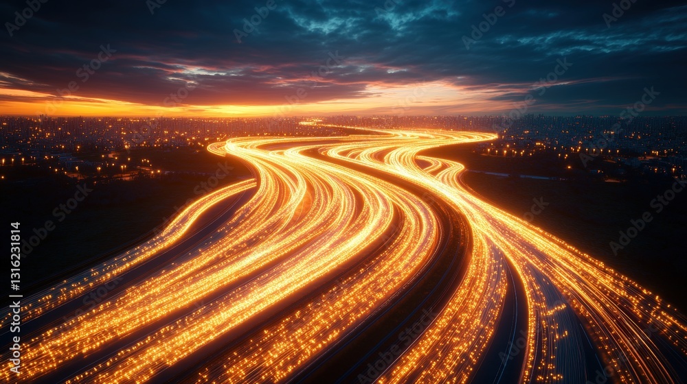 Poster captivating view of a highway at night with stunning light trails from moving vehicles creating a se
