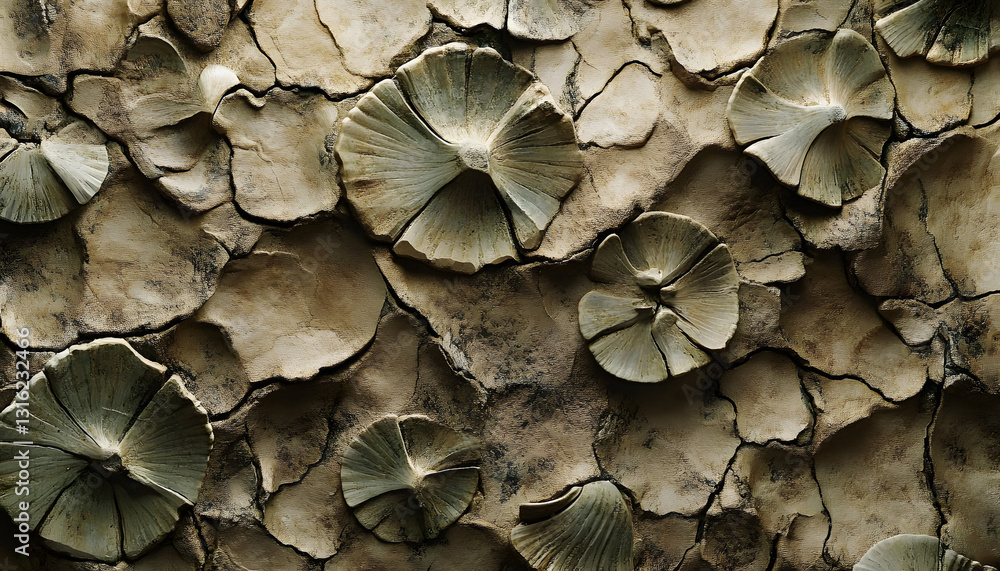 Aufkleber an abstract pattern resembling fossilized imprints of leaves and shells, rendered in muted earthy to