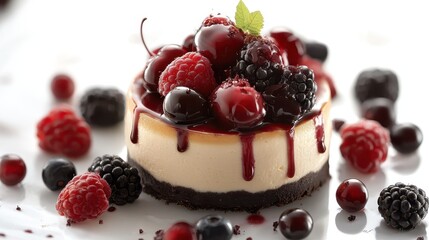 A creamy, decadent cheesecake, adorned with vibrant berries, a perfect harmony of flavors and textures that tantalize the taste buds.