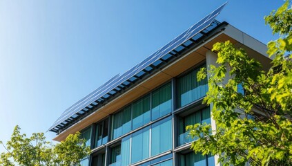 Fototapeta premium Modern building with solar panels on roof, green trees.