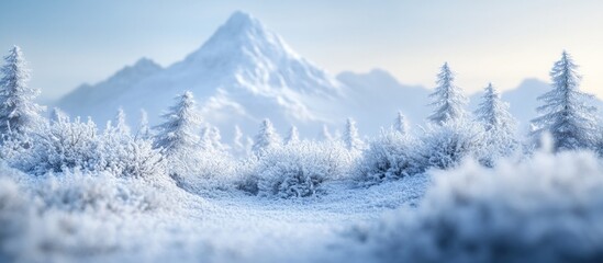 Obraz premium Snowy mountain landscape with snow-covered pine trees.