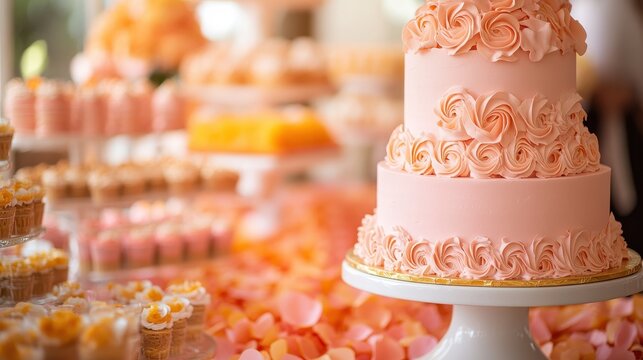 A vibrant table, adorned with a cascade of golden rose petals and a sweet pink cake, served as the centerpiece for a joyous sweet theme party, complete with delectable treats.