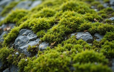 A close-up of green moss growing on a stone