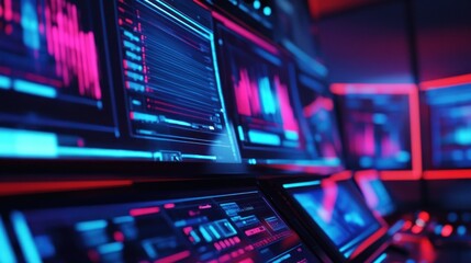 Obraz premium Futuristic control room with multiple screens displaying data visualizations and graphs in vibrant neon colors.