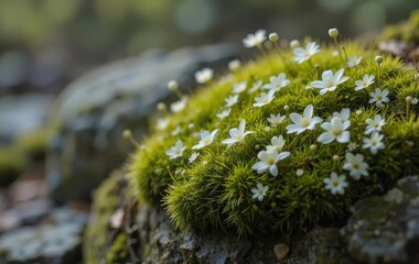 A close-up photo of green moss with white flowers growing on a stone