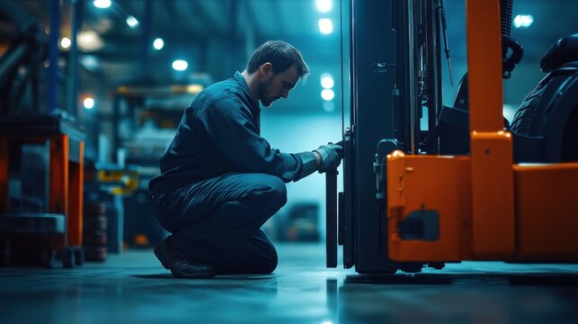 A male mechanic kneels, meticulously inspecting and repairing a forklift in a dimly lit industrial warehouse.