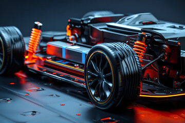 Power source for charging battery of beautiful hybrid electric car on road, abstract vivid composition consists of fictional unreal fantastic vision on background