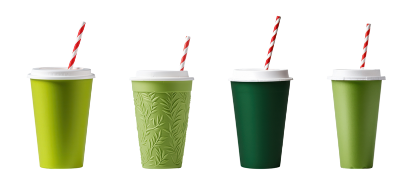 Set of green takeaway coffee cups with lids and striped straws, isolated on transparent background  