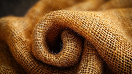 Fototapeta premium Rolled burlap fabric texture close-up on dark background