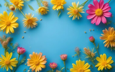 A bouquet of bright yellow mimosa flowers on a blue background