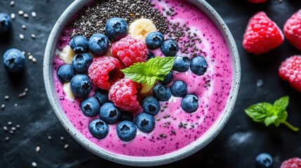 A vibrant tapestry of flavors and textures unfolds as a smoothie bowl, its depths pulsating with a medley of frozen berries, a creamy banana base, and tangy Greek yogurt. Above, a cascade of