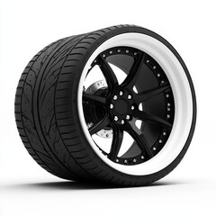 Fototapeta premium The image features an isolated automobile tire, which is a circular rubber object, paired with a shiny metal rim, against a completely transparent backdrop