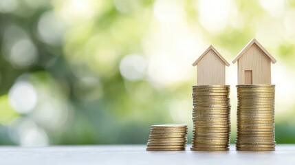 A financial concept image depicting small wooden houses on stacks of coins, symbolizing real estate investment and economic growth.