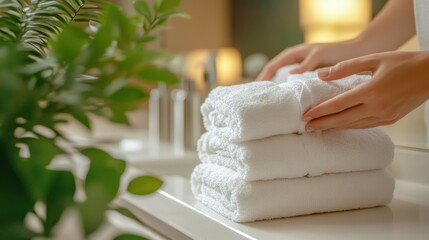 Serene Bathroom Setup: A pair of hands carefully arranges a stack of pristine, fluffy white towels in a well-lit bathroom. The composition highlights cleanliness, comfort, and attention to detail.