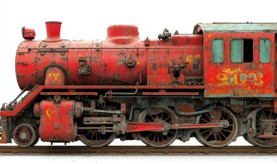 Naklejka premium The image features an old, red, vintage, retro, and classic locomotive train positioned on a railroad or railway, set against a transparent background, highlighting aspects of transportation, travel
