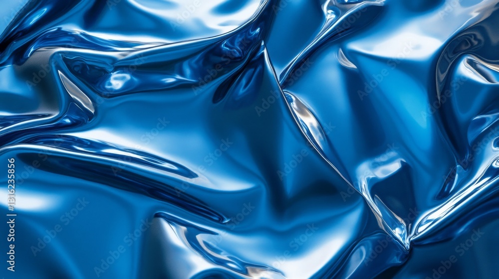 Poster Soft and luxurious satin fabric in vibrant blue gracefully flows, capturing light and creating intricate patterns and reflections that evoke a sense of elegance and allure