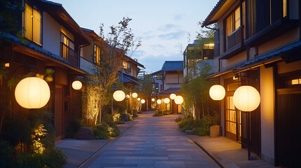 Fototapeta premium A beautiful japanese tokyo city town in the evening. houses at the street. anime comics artstyle. cozy lofi asian architecture. 16:9 4k resolution 