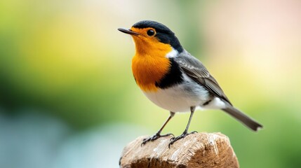 Fototapeta premium European robin perched elegantly on a piece of wood surrounded by natural beauty in a wooded environment