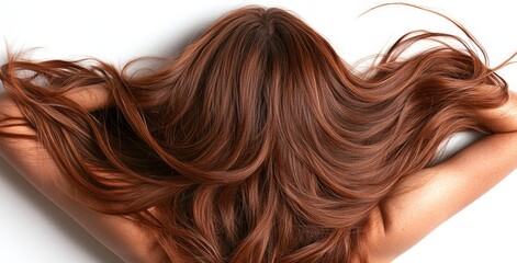 Fototapeta premium The image features a black and brown-haired woman with a swirling hairstyle isolated on a transparent background, emphasizing the smooth and shiny appearance of her hair, similar to the results of a
