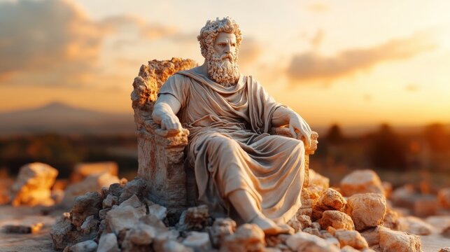 Detailed statue of ancient greek philosopher epictetus sitting thoughtfully on a rock in a studio setting