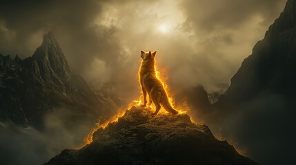 Fiery Wolf on Mountain Peak