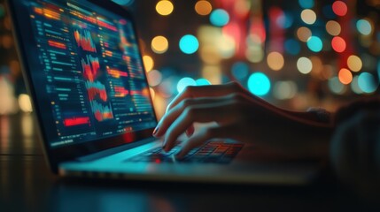 Person Using Laptop with Data Visualization in a Creative Workspace