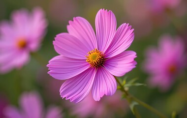 Obraz premium A close-up of a pink cosmos flower with a blurred purple flower in the background